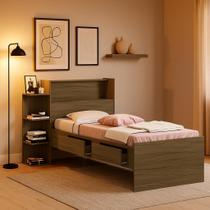 Cama Isa Solteiro Resistente De MDF Com Bau Nichos E Gavetas Para Quarto Estilo Moderno