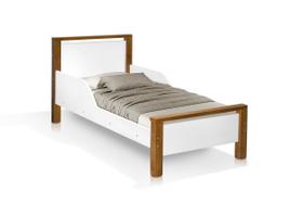 Cama Juvenil Com Pés de Madeira Meli Para Quarto de Criança Com Proteção Lateral Branco/Amendoa Cama Juvenil Com Pés de Madeira Meli Para Quarto de Criança Com Proteção Lateral Branco/Amendoa