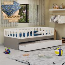 Cama Juvenil Lara Solteiro com Cama Auxiliar e 2 Colchões Branco e Cinza - Baby Mobília Cama Juvenil Lara Solteiro com Cama Auxiliar e 2 Colchões Branco e Cinza - Baby Mobília