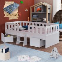 Cama Juvenil Lara Solteiro Com Nichos Escadinha E Colchão Branco - Baby Mobília