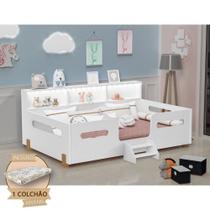 Cama Juvenil Mary com Escada Led e Nicho + Colchão Branco/mel