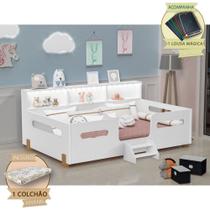 Cama Juvenil Mary com Escada Led e Nicho Colchão com Lousa Mágica - Branco/mel