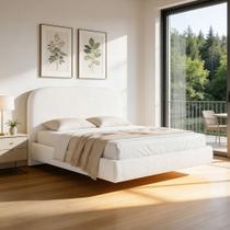 Cama King Flutuante Com Cabeceira 195cm Aura W01 Bouclê Cru - Lyam Decor Cama King Flutuante Com Cabeceira 195cm Aura W01 Bouclê Cru - Lyam Decor