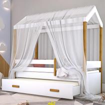 Cama Montessori Cabana com Auxiliar Solteiro e Dossel Branco