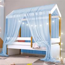 Cama Montessori Cabana com Cordão LED Colchão e Dossel Azul