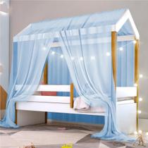 Cama Montessori Cabana Solteiro com Cordão LED e Dossel Azul