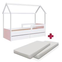 Cama Montessoriana com Colchão Solteiro e Gavetas - Branco Rosa