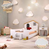 Cama Montessoriana Infantil Juvenil Belissima Preta Branca e Amêndoa + Luminária Led + Colchão