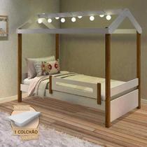 Cama Montessoriana Solteiro Casinha Eliz com Led Grade de Proteção e Colchão Branca/mel