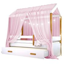 Cama Montessoriana Solteiro com Auxiliar Led e Voal Rosa