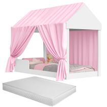 Cama Montessoriana Solteiro Dossel Rosa Com Colchão Meninas madeira mdf menina protecao espacosa princesa Casinha - Móveis Bela