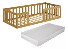 Cama Montessoriana Solteiro Proteção Com Grade Em Madeira Cor Nogueira Com Colchão