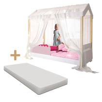 Cama Montessoriana Solteiro Rose Com Led Voal Branco E Colchão Jhulia Divaloto