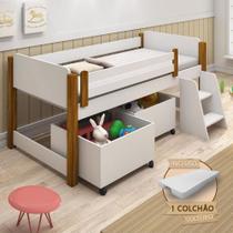 Cama Naty Solteira Design Infantil com Nichos e Colchão Divaloto - Branco/amêndoa Cama Naty Solteira Design Infantil com Nichos e Colchão Divaloto - Branco/amêndoa