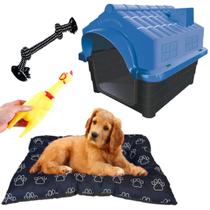 Cama Pet Cães Lavável Preto + Casa N3 Azul + Brinquedos Dog