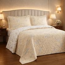 Cama Posta King Lauryn Colcha Luxo Algodão Bordado 3 Pçs Cor:CAQUI