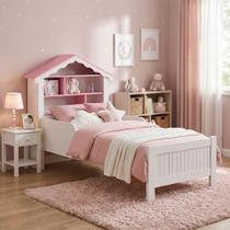 Cama Princesa Infantil Solteiro com Colchão e Cabeceira Casinha com Nichos para Quarto Menina Rosa