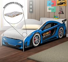 Cama Quarto Carro Infantil Baú C/ Colchao Grade de Proteção Azul