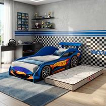 Cama Solteiro 188 X 88 Infantil Quarto Menino Carro Corrida StockCar Azul Madeira Proteção Espaçosa - Móveis Bela
