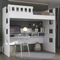 Cama Solteiro Alta com Escrivaninha e Grade de Proteção