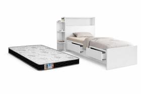 Cama Solteiro Branca com Gavetas, Baú e Prateleiras Organizadoras E Colchão D33 Cama Solteiro Branca com Gavetas, Baú e Prateleiras Organizadoras E Colchão D33
