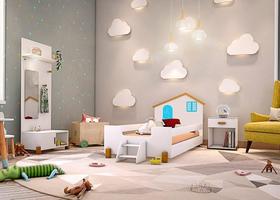 Cama Solteiro Casinha Belíssima Branco/Mel e Azul com 2 Luminárias e Colchão - Divaloto