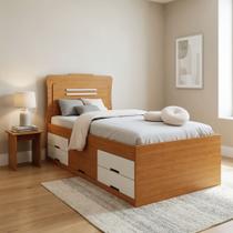 Cama Solteiro com 5 Gavetas em MDF Júlia Cinamomo/Off White