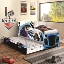 Cama Solteiro Com Auxiliar Drift Azul Infantil Com 2 Colchões