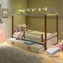 Cama Solteiro com Auxiliar e Led Casinha Montessoriana Eliz Branco/mel + 2 Colchões