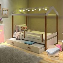 Cama Solteiro com Auxiliar e Led Casinha Montessoriana Eliz Branco/mel + 2 Colchões Cama Solteiro com Auxiliar e Led Casinha Montessoriana Eliz Branco/mel + 2 Colchões