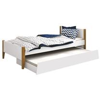 Cama Solteiro com Auxiliar Simba Branco Acetinado com Pés Madeira Reller