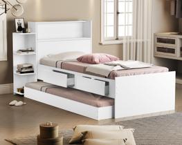 cama solteiro com bau duas gavetas cama auxiliar cor branca - VJ Móveis