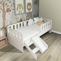 Cama Solteiro com Escadinha/Escorrega 03 Grades e Cabeceira Anatômica Removíveis Branco Housin Cama Solteiro com Escadinha/Escorrega 03 Grades e Cabeceira Anatômica Removíveis Branco Housin