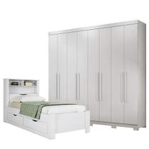 Cama Solteiro Com Gavetas Invicta Com Guarda Roupa Master 8 Portas 4 Gavetas Com Pés Branco Brilho - Santos Andirá