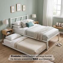 Cama Solteiro de Ferro Bruna 100% Aço Industrial Reforçada com Cama Auxiliar para Quarto - Branco