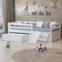 Cama Solteiro Dreams com Gavetas Grade de Proteção e Mini Escada/ Escorrega Madeira Maciça Branco Megamobilia Cama Solteiro Dreams com Gavetas Grade de Proteção e Mini Escada/ Escorrega Madeira Maciça Branco Megamobilia