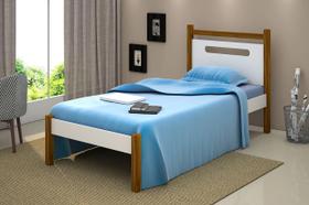 Cama solteiro Eloá com auxiliar pés em madeira maciça branco / mel