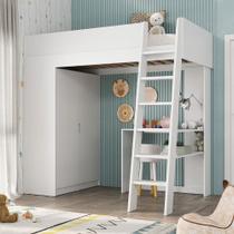 Cama Solteiro Infantil Alta Guarda-Roupa e Escrivaninha MDF