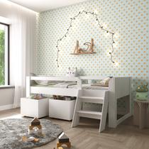 Cama Solteiro Infantil com Escada e 2 Baús Serena Yescasa Branco Cama Solteiro Infantil com Escada e 2 Baús Serena Yescasa Branco