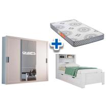 Cama Solteiro Invcta + Pérola Polar + Guarda Roupa Veneza Luxo Branco - Rufato