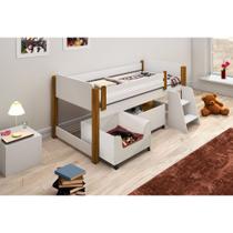 Cama Solteiro Jhoy com Baú Organizador Espaço Pet com Escadinha Branco/amêndoa