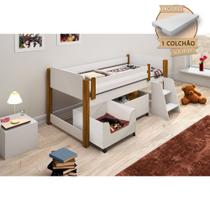 Cama Solteiro Jhoy com Nichos Espaço Pet e Colchão Branco/amêndoa