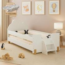 Cama Solteiro Lorena com Colchão Grade Lateral Escadinha Cabeceira Nuvem para Quarto Decor - Branco
