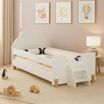 Cama Solteiro Lorena Montessoriana Cabeceira Nuvem Escadinha Proteção Lateral Design Atual - Branco