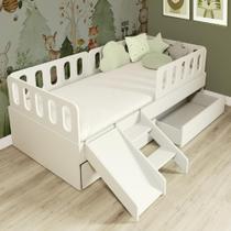 Cama Solteiro Mdf Branco com 02 Gavetas Escadinha/Escorrega 03 Grades e Cabeceira Anatômica Mobilistore