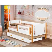 Cama Solteiro Mirela C/ Cama Auxiliar Branco/amêndoa Grade de Proteção Luminária Led