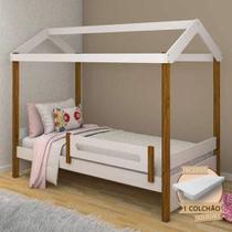 Cama Solteiro Montessoriana Casinha Eliz com Colchão e Grade de Proteção - Branco/mel Cama Solteiro Montessoriana Casinha Eliz com Colchão e Grade de Proteção - Branco/mel