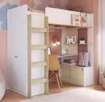 Cama Solteiro Multifuncional alta com Armário e Escrivaninha BI030 Linha Infanto Completa Móveis Cama Solteiro Multifuncional alta com Armário e Escrivaninha BI030 Linha Infanto Completa Móveis