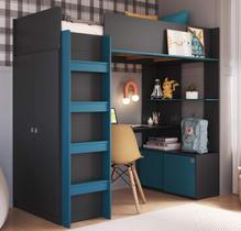 Cama Solteiro Multifuncional alta com Armário e Escrivaninha BI030 Linha Infanto Completa Móveis