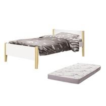 Cama Solteiro Simba Branco Fosco Pés Madeira Natural com Colchão D20 - Reller Móveis Cama Solteiro Simba Branco Fosco Pés Madeira Natural com Colchão D20 - Reller Móveis